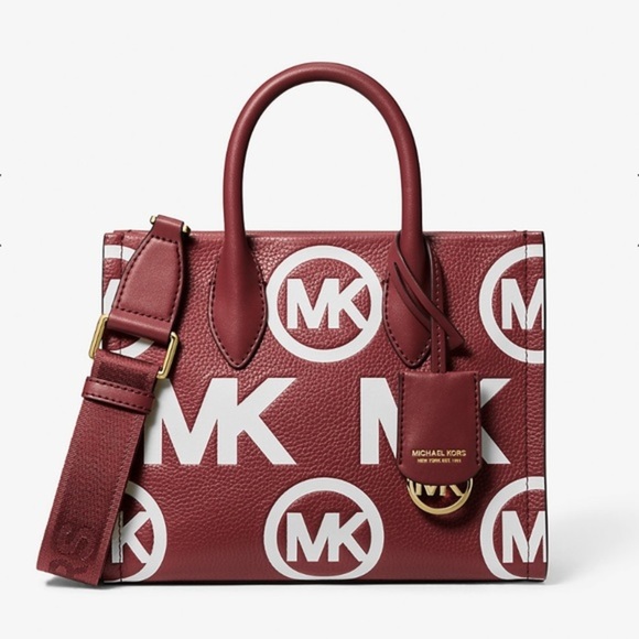 Michael Kors Handbags - MICHAEL KORS DARK CHERRY 
Mirella Small Logo Embossed Pebbled Leather Crossbody